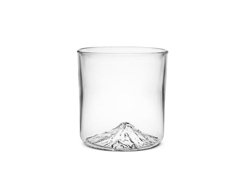 Handblown tumbler glass with Mt Hood molded into the bottom of the glass.