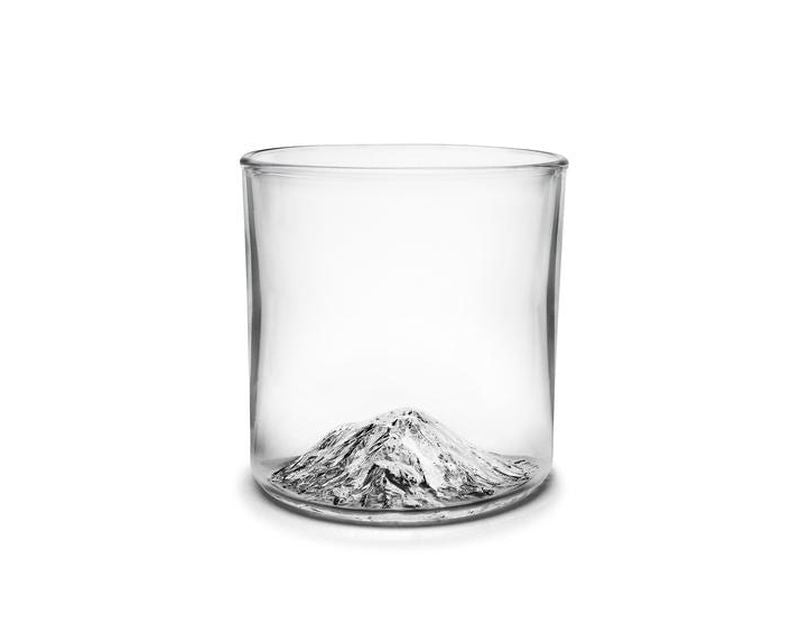 Handblown tumbler glass with Mt Shasta molded into the bottom of the glass.